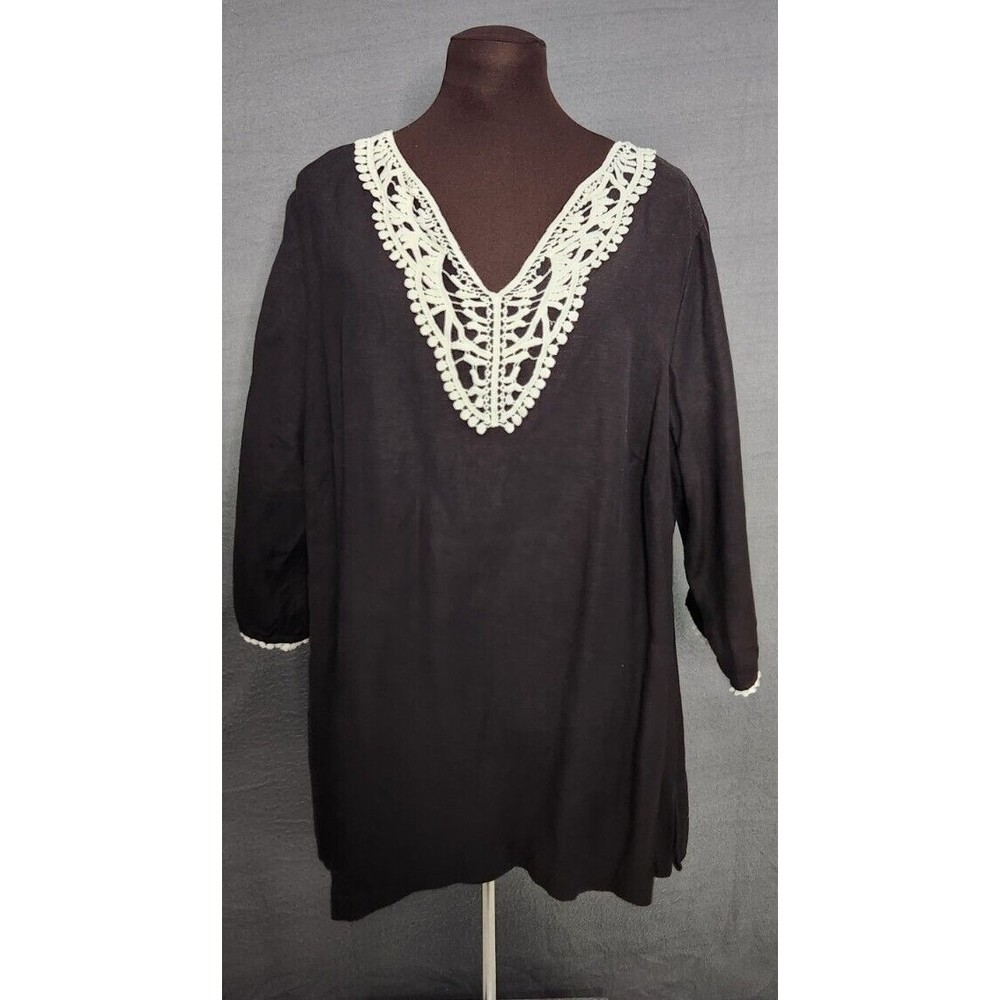 Chelsea & Theodore Black Eyelet Top Tunic Shirt Sz 1X Linen Blend Coastal Beachy